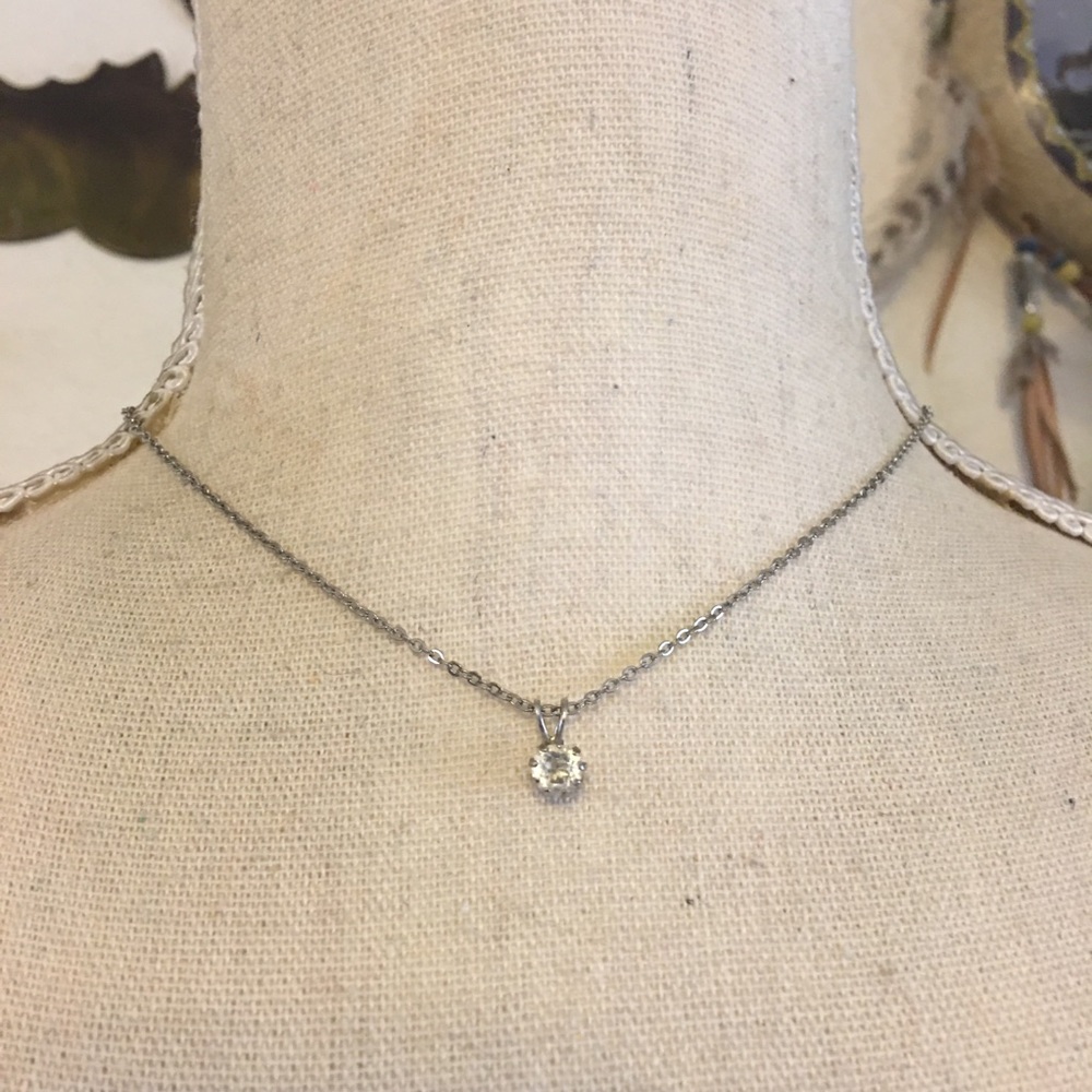 Vintage clear rhinestone pendant on silver chain